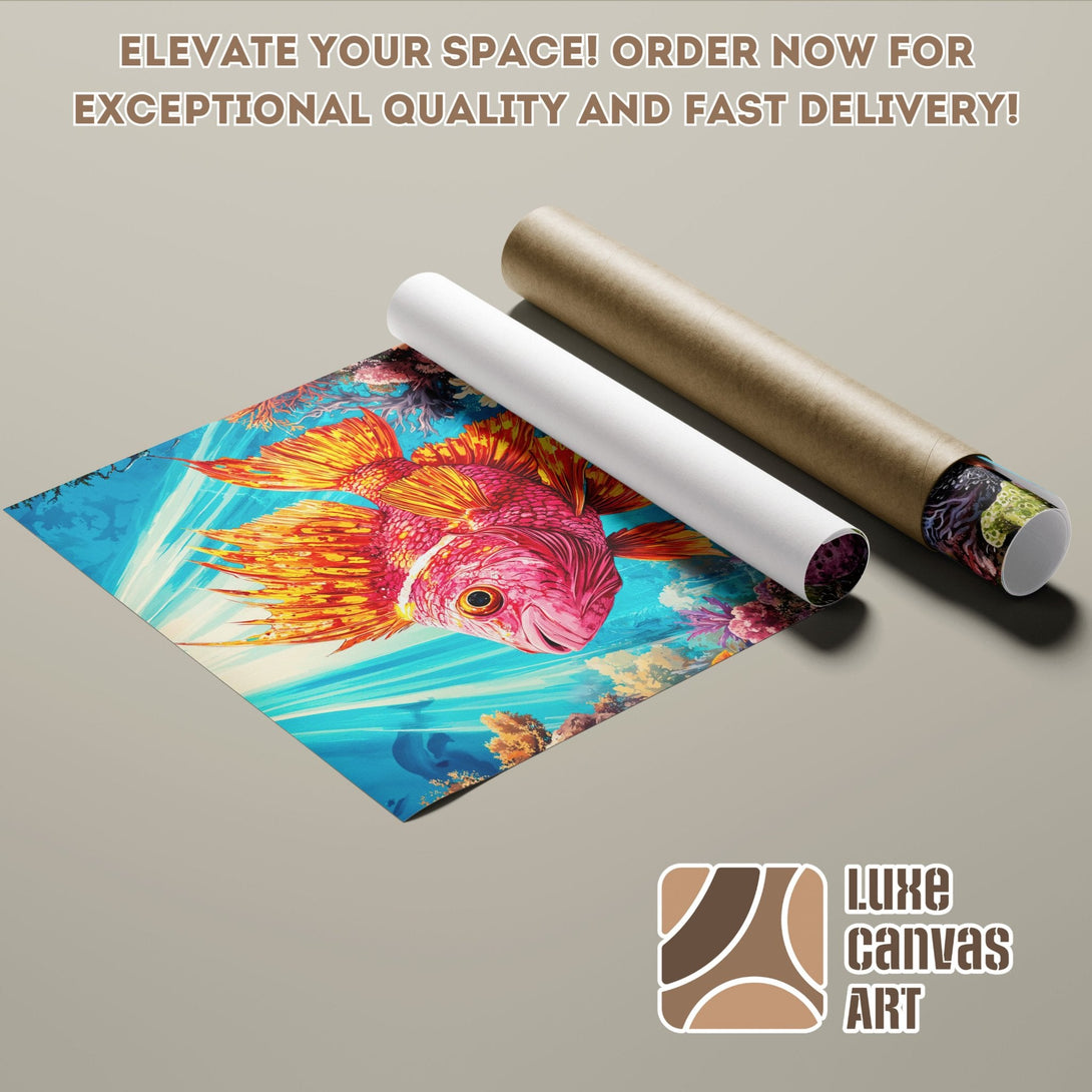 Vibrant fish art Poster Roll. Colorful underwater scene in blue, orange, and pink. Elevate your space with Luxe Canvas Art!