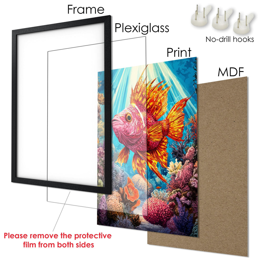 Framed Poster featuring a vibrant fish in an underwater scene. Artistic style with a colorful palette of blues, pinks, and oranges. Perfect wall art!