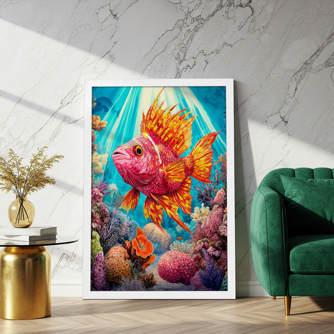 Framed Poster: Colorful fish art print with vibrant coral reef scene. Bright, warm palette. Perfect wall decor.