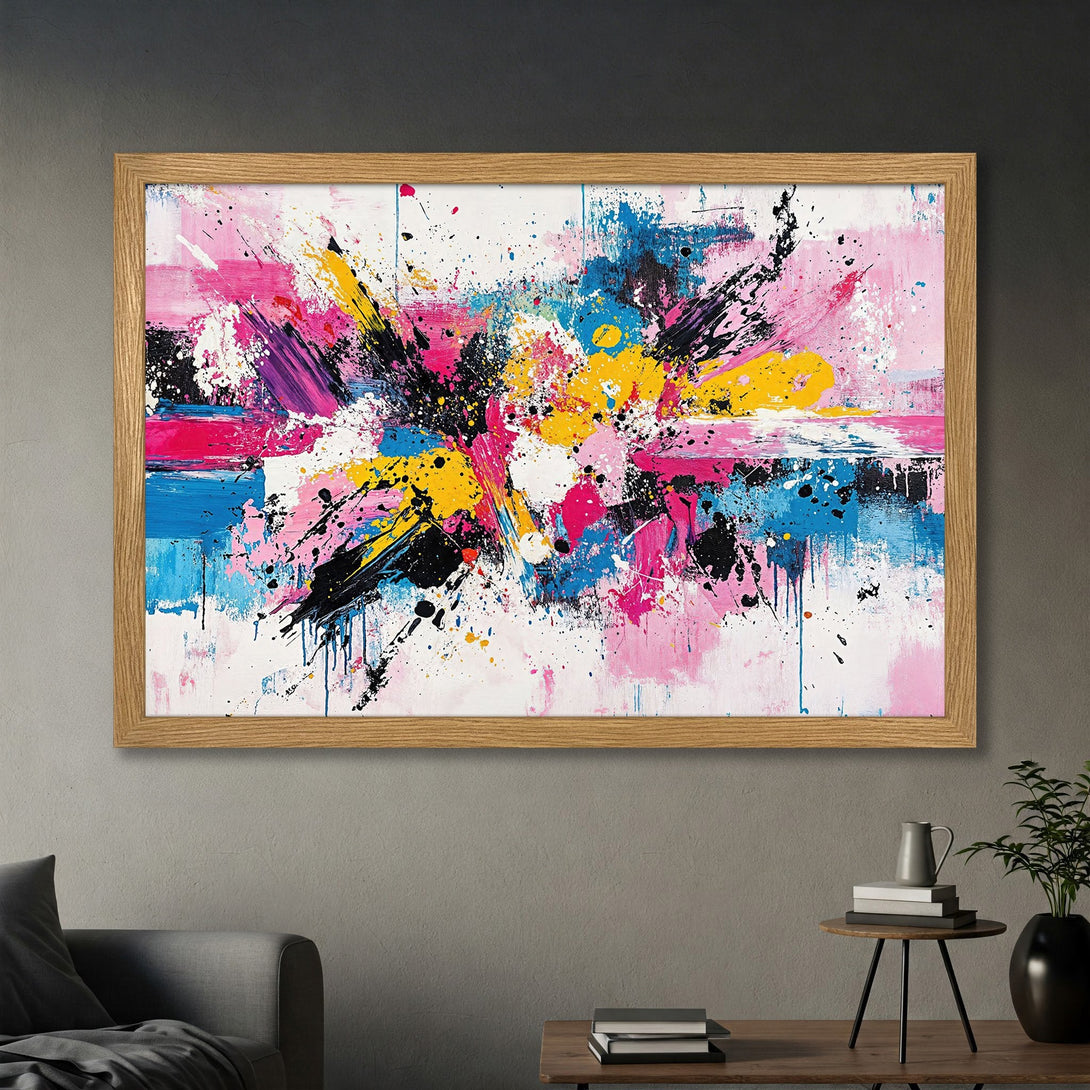 Framed Poster featuring vibrant abstract art in a colorful palette of pink, blue, yellow, and black. Perfect wall decor!