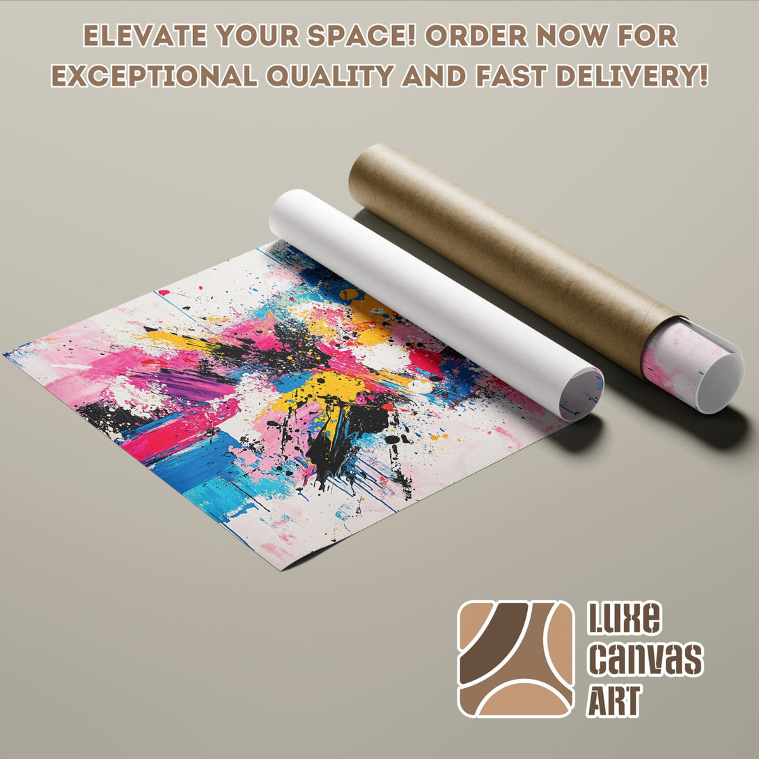 Abstract art Poster Roll with a vibrant, colorful palette of pinks, blues, and yellows. Elevate your space!