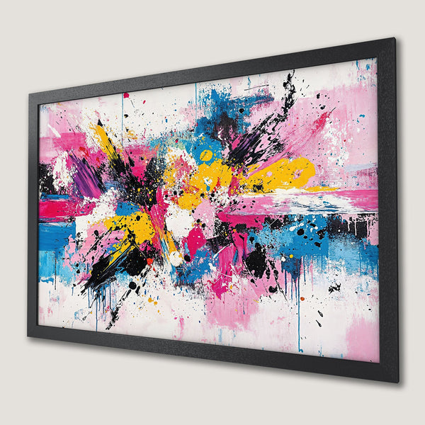 Framed Poster: Abstract art print with vibrant pink, yellow, blue, and black paint splatters. Modern wall decor.