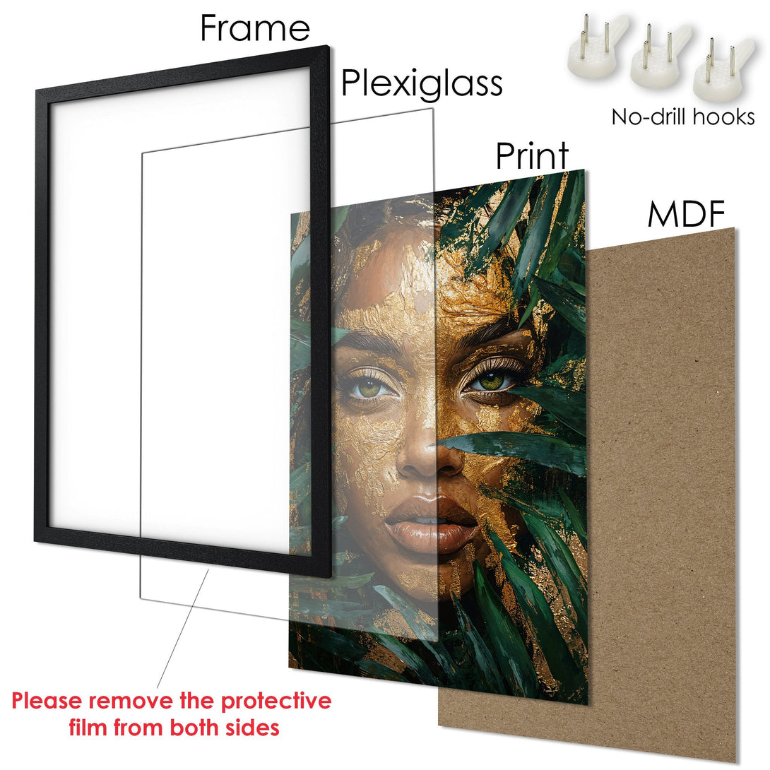 Framed Poster featuring a woman's face with gold accents and green foliage. Modern art style with a rich green, gold, and brown color palette.