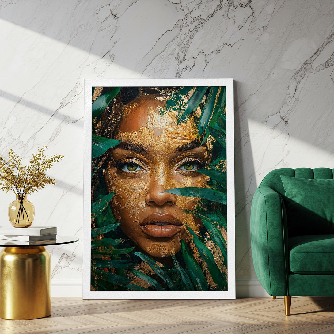 Framed Poster featuring a woman's face with gold accents and green leaves. Modern art style with a rich, earthy color palette.