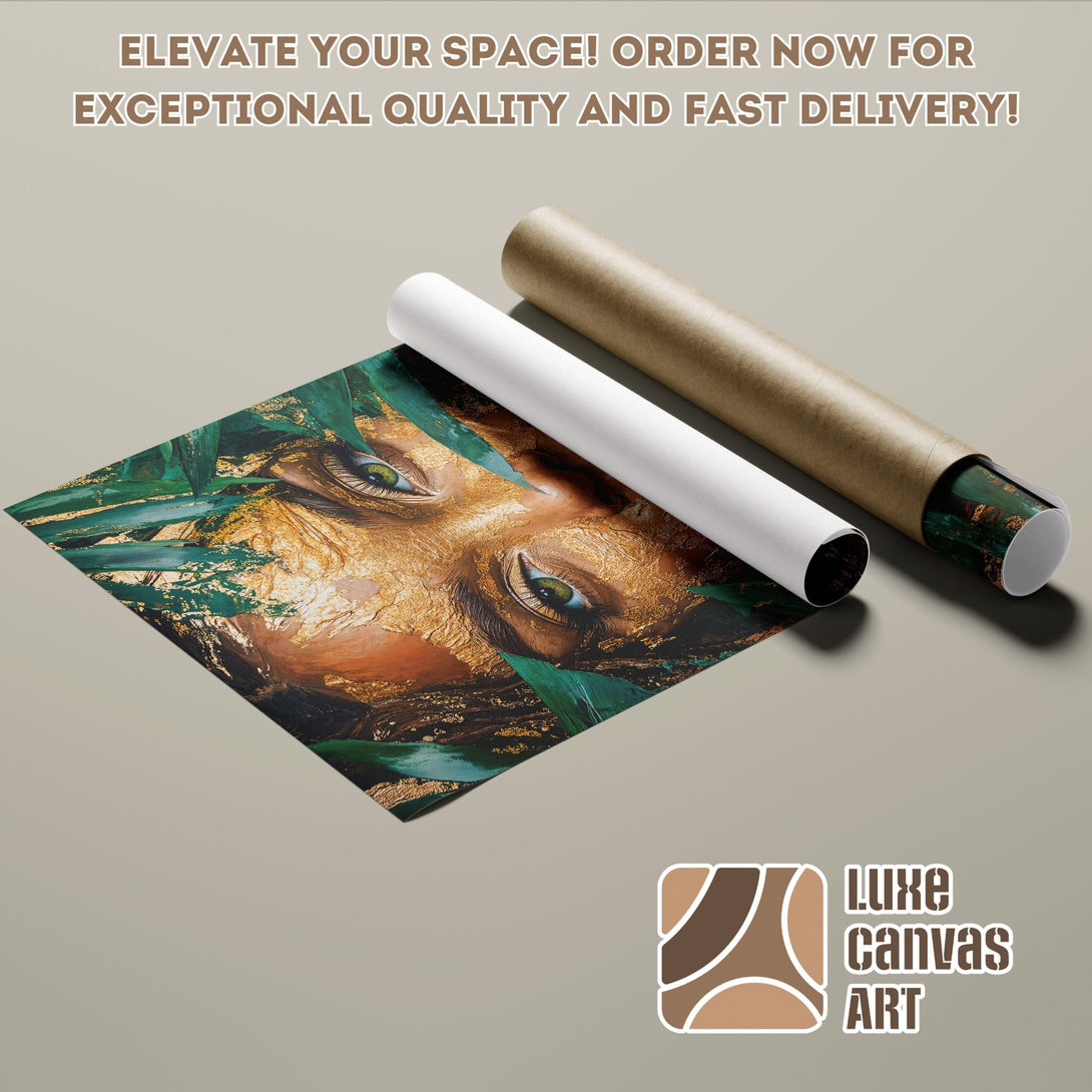 Abstract art Poster Roll featuring a woman's face in green and gold tones. Elevate your space with Luxe Canvas Art.