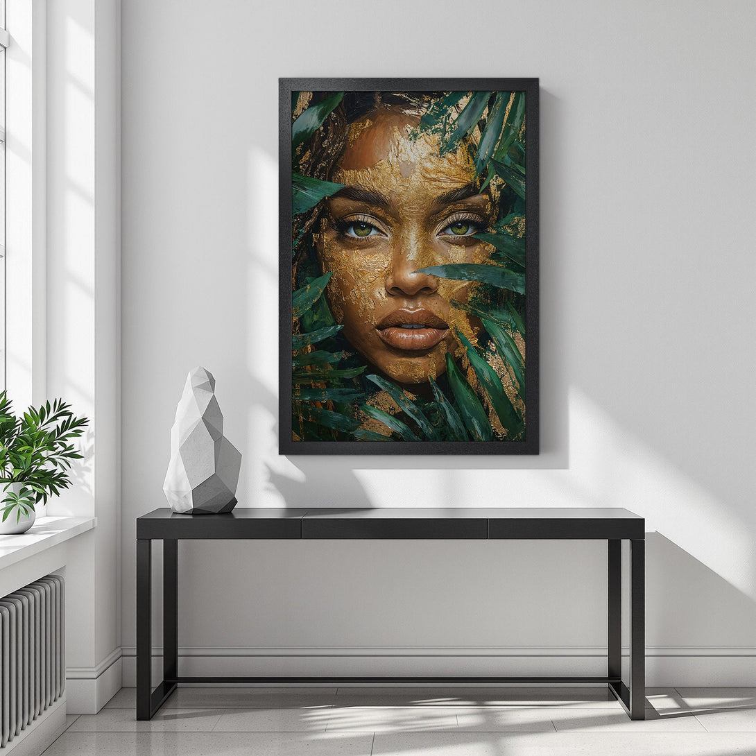 Framed Poster featuring a woman's face with gold accents and green foliage. Modern art style with a rich, earthy color palette. Perfect wall decor!