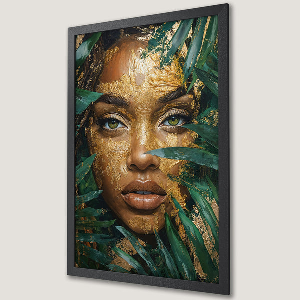 Framed Poster featuring a woman with gold leaf face art, surrounded by green leaves. Stunning portrait with a warm, earthy color palette.