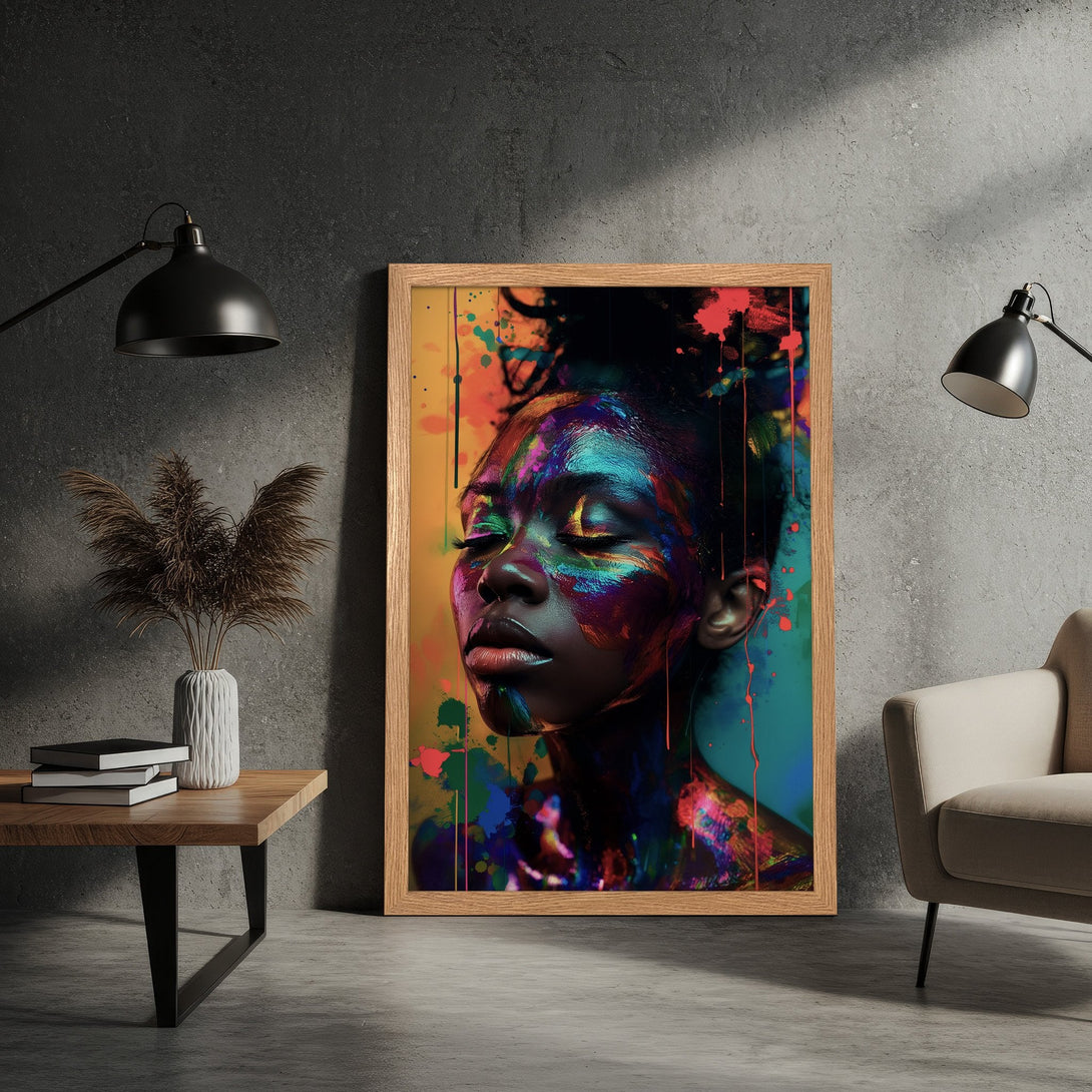 Framed Poster featuring a vibrant portrait of a woman with colorful paint splashes. Modern art style, bold color palette. Perfect wall decor!