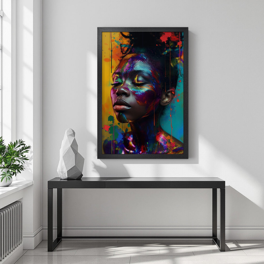 Framed Poster featuring a vibrant portrait of a woman with colorful paint. Modern art style, striking color palette. Perfect wall decor!