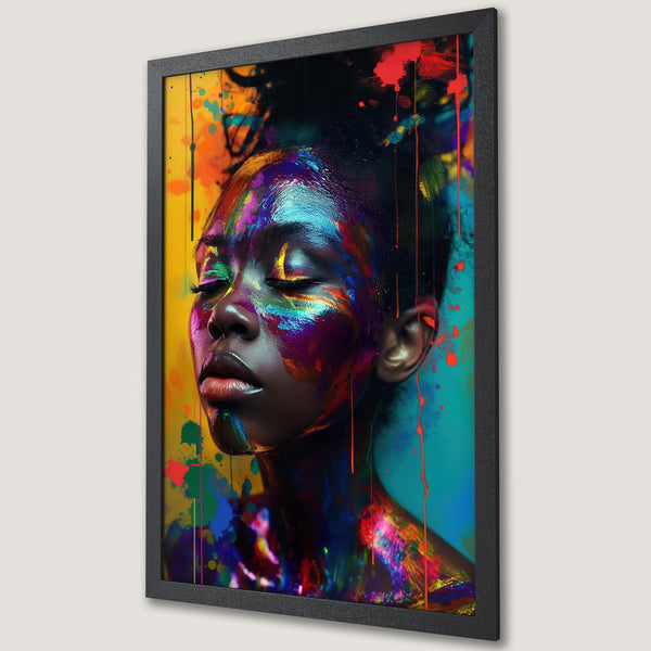 Framed Poster featuring a woman with vibrant face paint in a colorful, abstract style. Bold color palette with blues, yellows & reds. Perfect wall art!