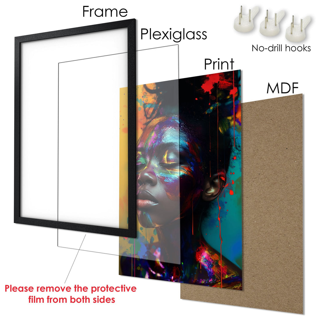 Framed Poster featuring an abstract portrait with vibrant colors and a black frame. Elevate your space with art!
