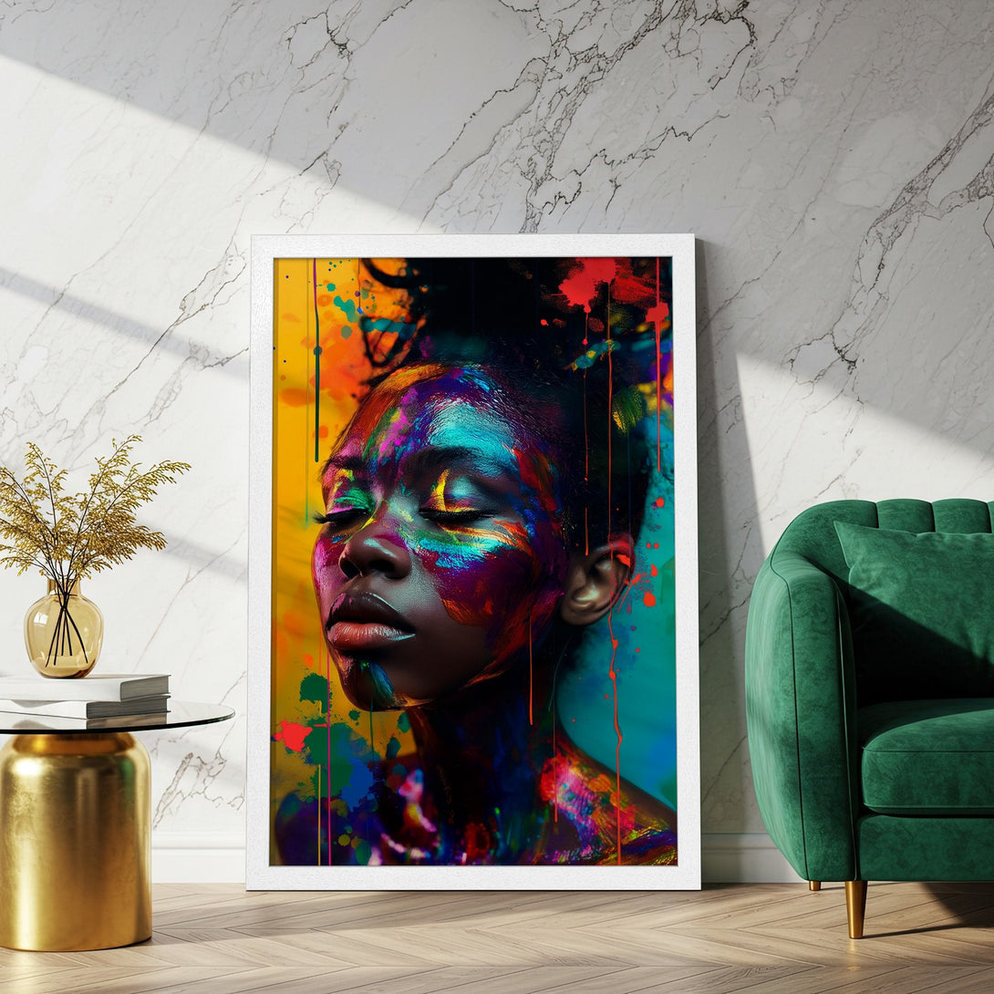 Framed Poster featuring a vibrant abstract portrait with a colorful paint splash design. Bold colors and expressive style.
