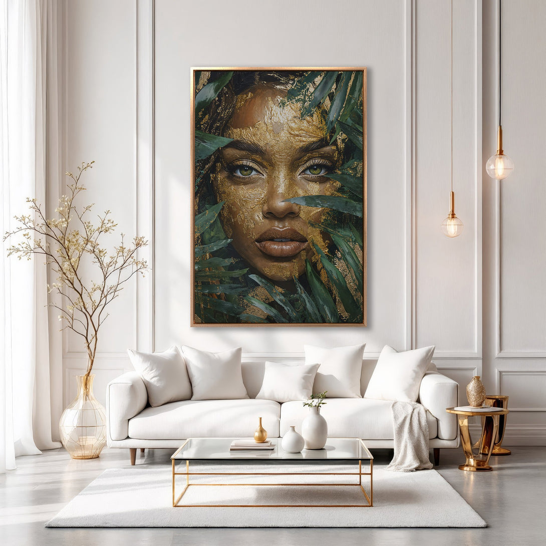 Framed Wall Art: Stunning portrait of a woman with gold accents and green foliage, displayed in a modern living room. Earthy tones and luxurious style.