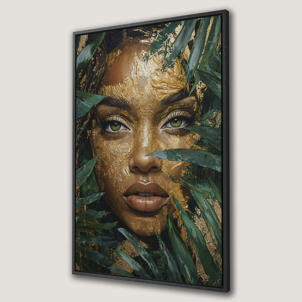 Framed Wall Art: Stunning portrait of a woman with gold leaf accents and lush green foliage. A captivating piece with a rich, earthy color palette.