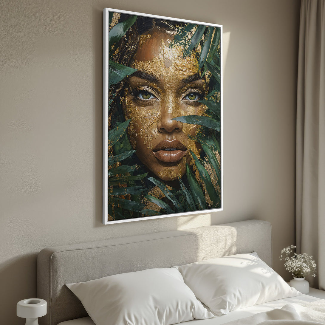 Framed Wall Art: Stunning portrait of a woman with gold leaf and green foliage. Earthy tones with a touch of luxury. Elevate your space with this unique artwork.