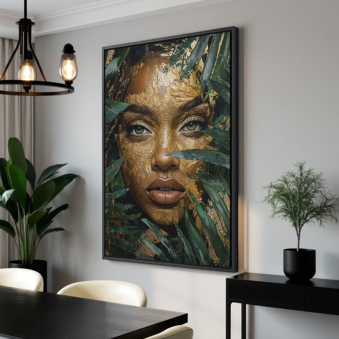 Framed Wall Art: Stunning woman portrait with gold accents and lush green leaves. Modern, artistic Canvas Print in a sophisticated interior, featuring a rich color palette.