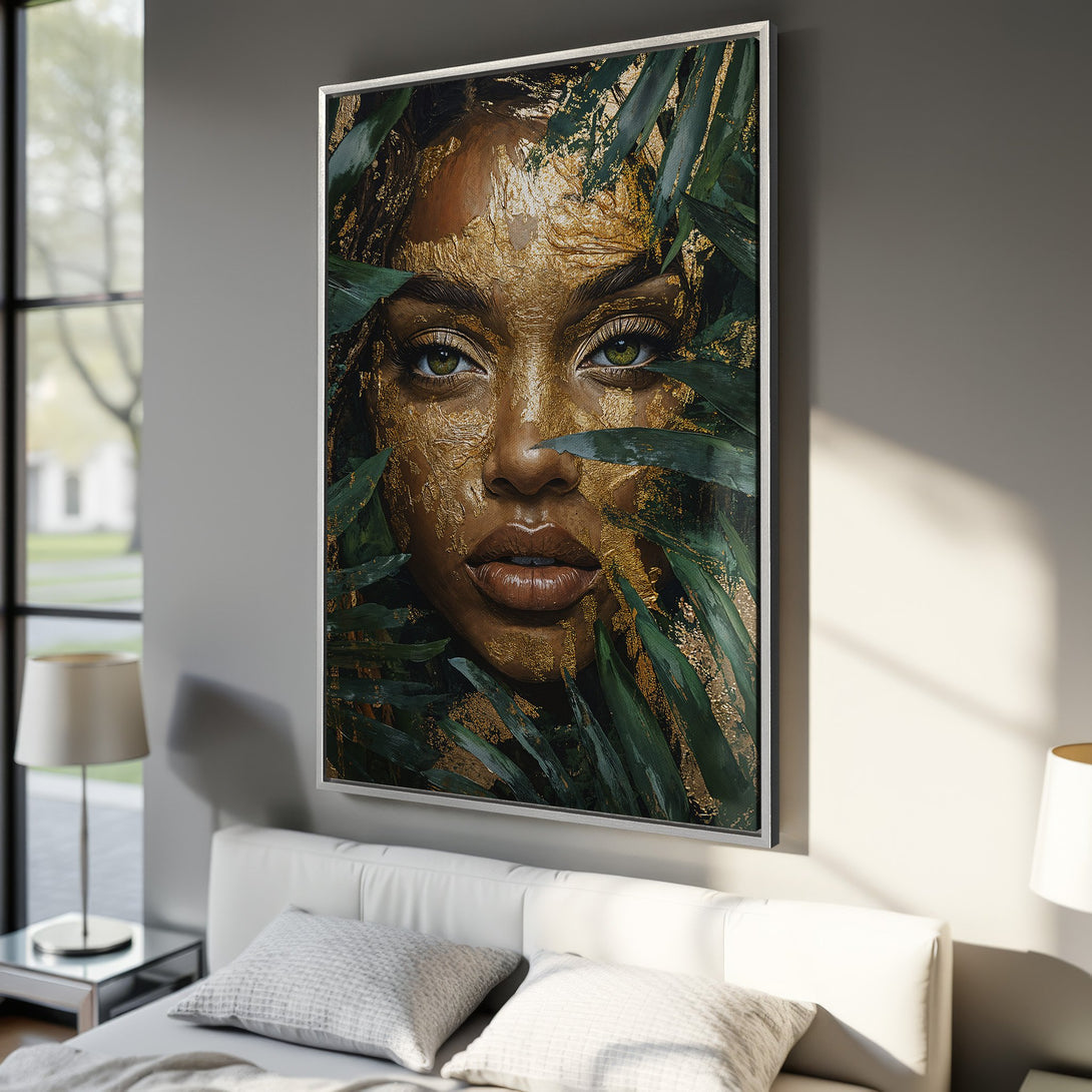 Framed Wall Art: Stunning portrait with gold leaf & green foliage. Modern art canvas print in a bedroom. Earthy tones & luxurious style.