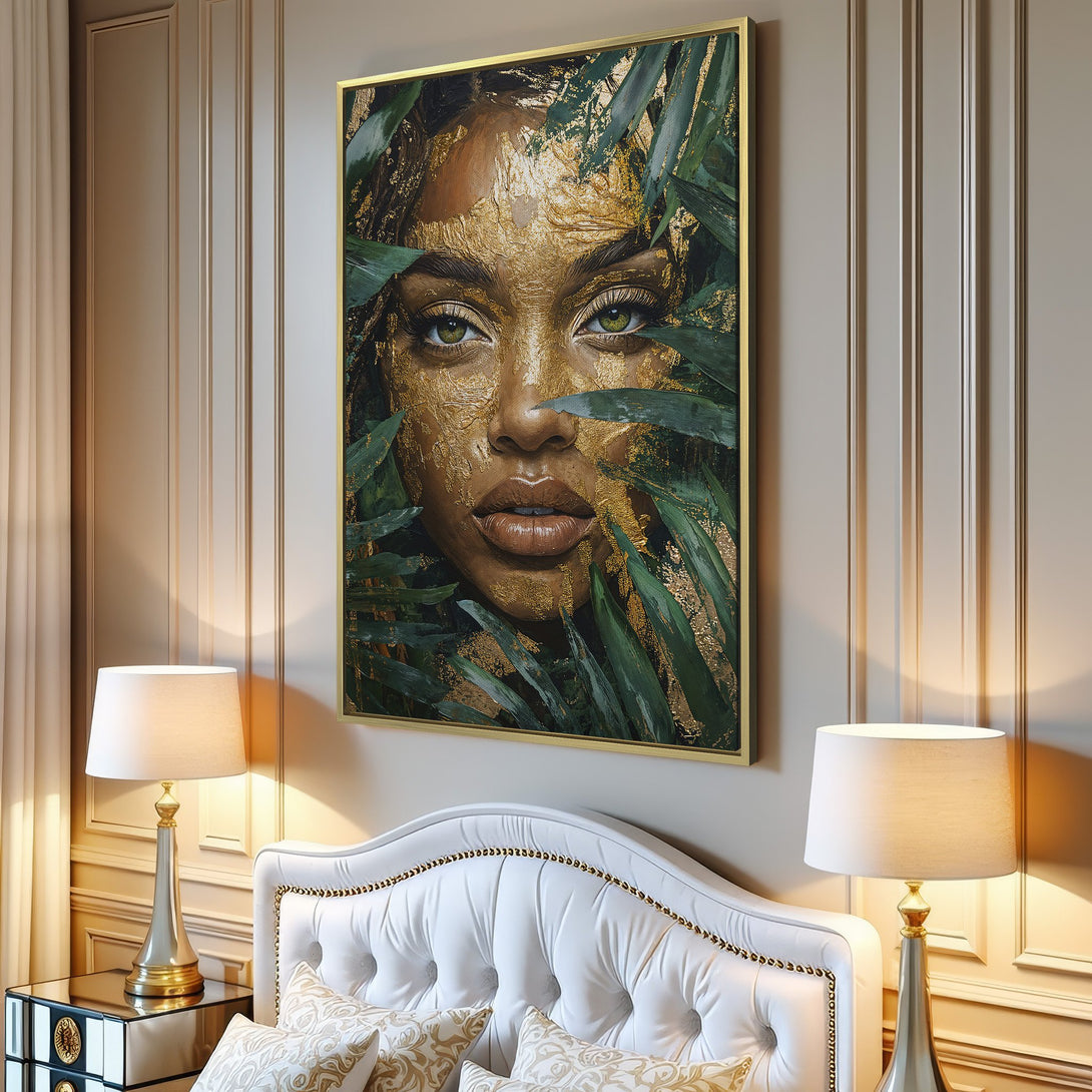 Canvas Print of a woman's face with gold accents and green foliage. Modern art with a warm, earthy color palette.