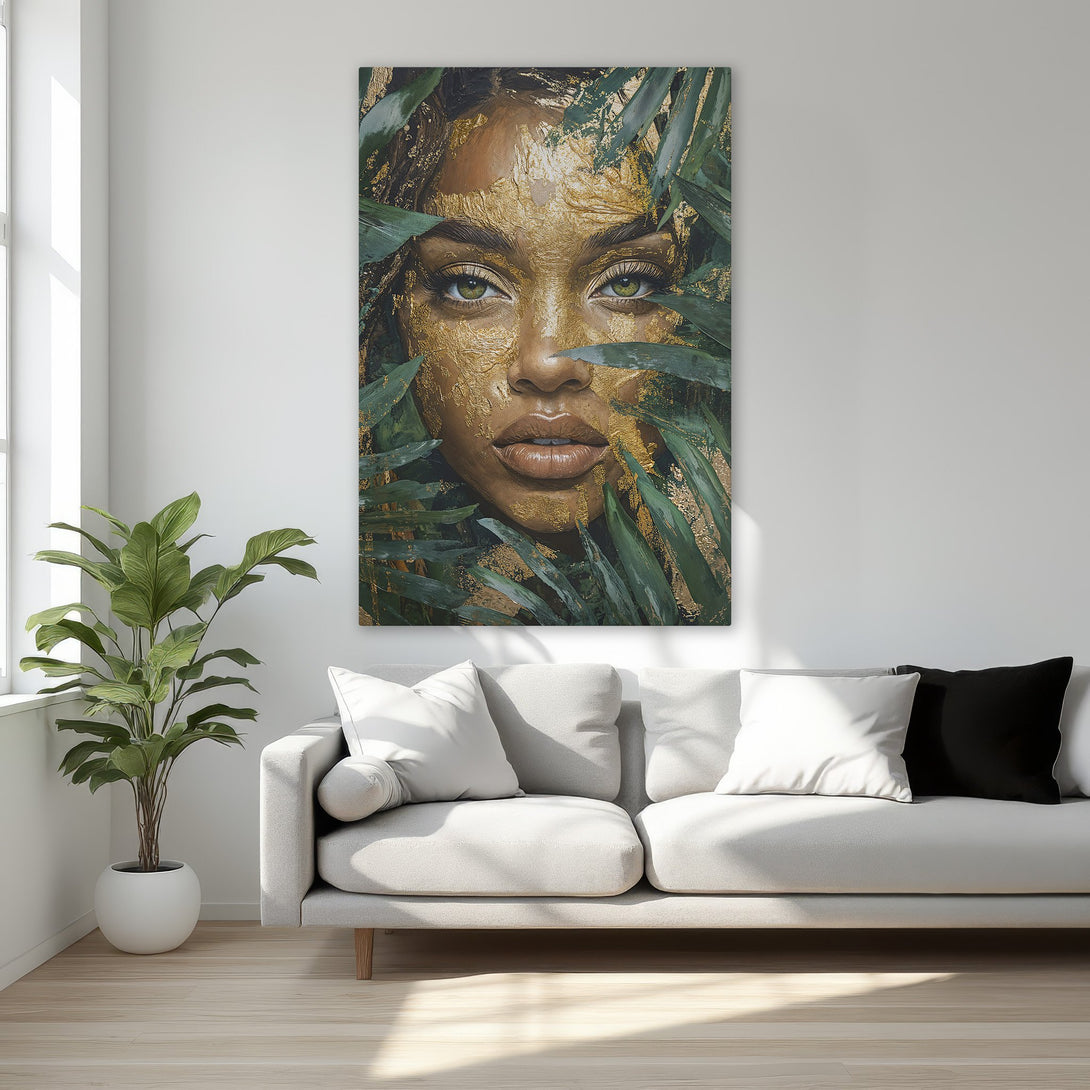Framed Wall Art: Stunning portrait of a woman with gold accents and green foliage. Elegant artwork with a warm, neutral color palette. Perfect for any room.