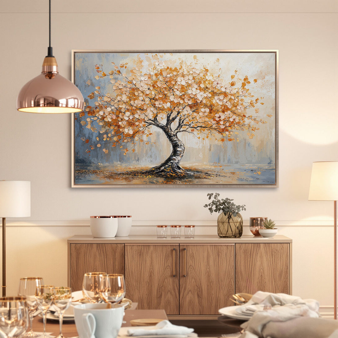 Framed Wall Art: Stunning tree painting with orange and blue hues. Perfect for adding a touch of nature and warmth to your dining room decor.