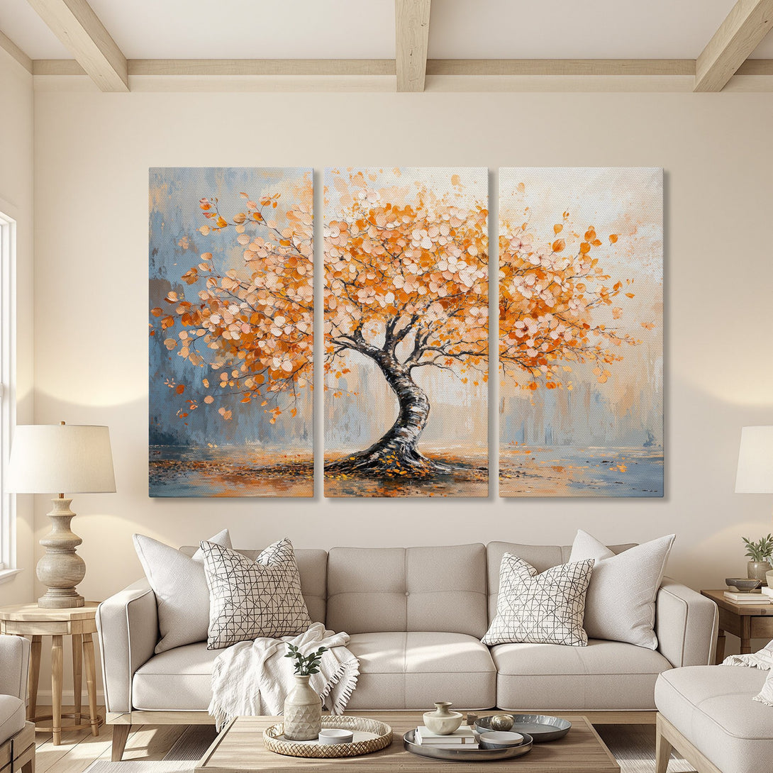 Canvas Print of a vibrant tree painting in warm orange and blue tones, perfect for adding a touch of nature-inspired art to your home decor.
