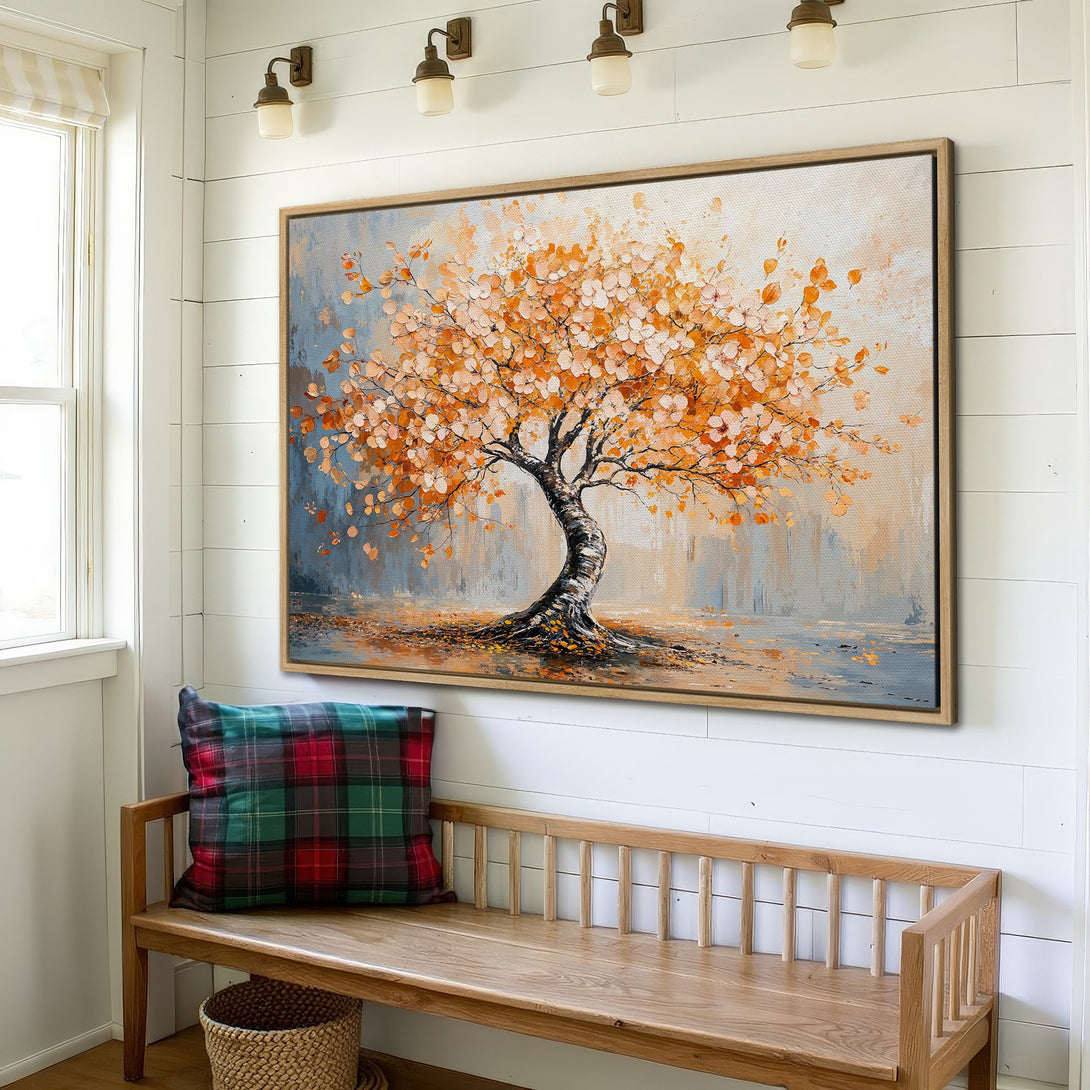 Framed Wall Art: Stunning autumn tree painting in warm orange and blue tones. Perfect for adding a touch of nature and art to your home decor.
