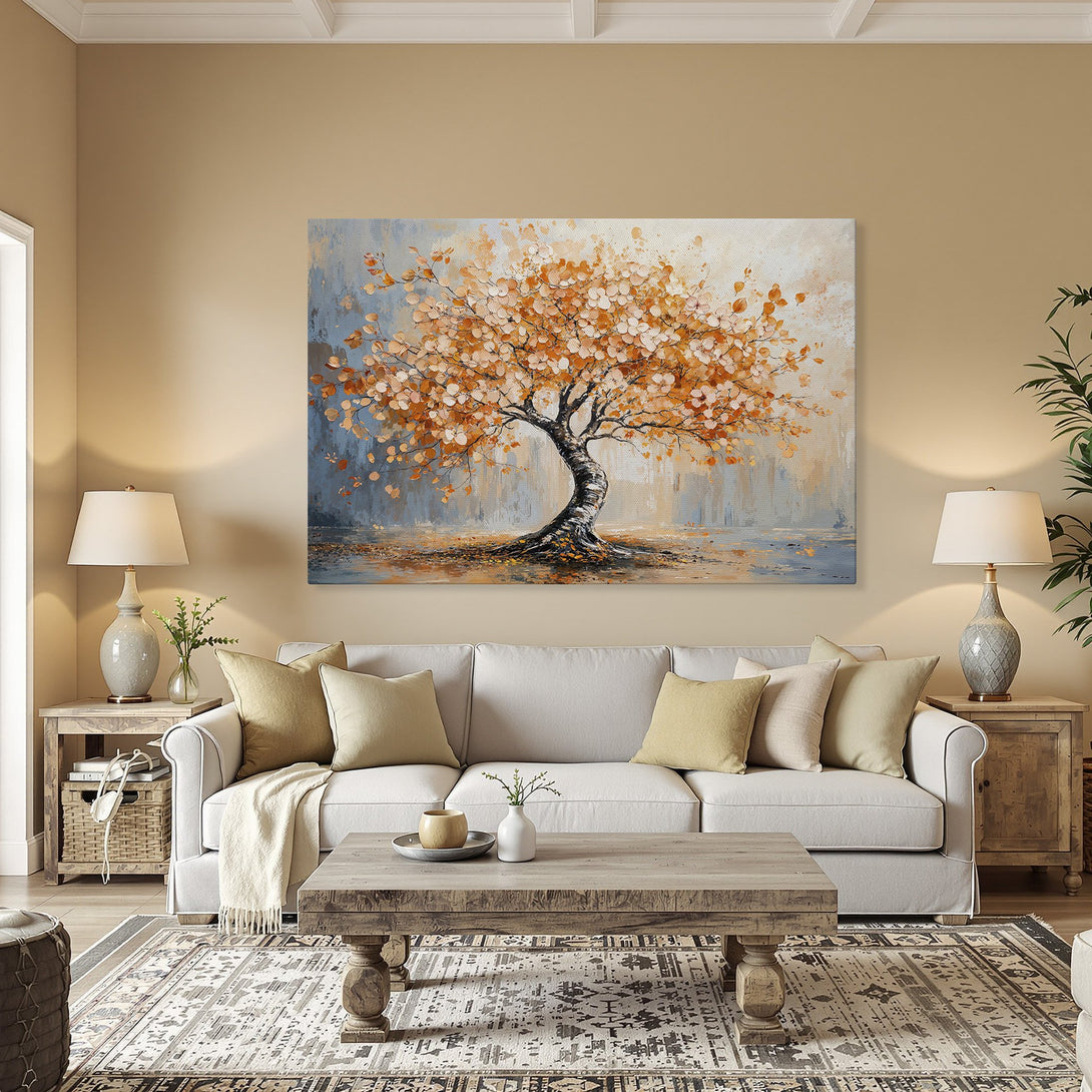 Framed Wall Art: Stunning autumn tree painting with warm orange and grey hues. Perfect for adding a touch of nature-inspired elegance to your home.