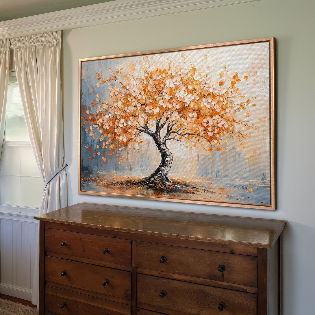 Framed Wall Art: Stunning autumn tree painting with warm orange and blue tones. Perfect for adding a touch of nature and elegance to your home decor.