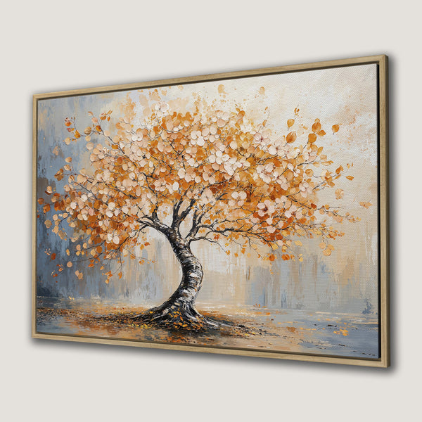 Framed Wall Art featuring an impressionistic tree with orange leaves. Stunning artwork in a warm, inviting color palette, perfect for any space.