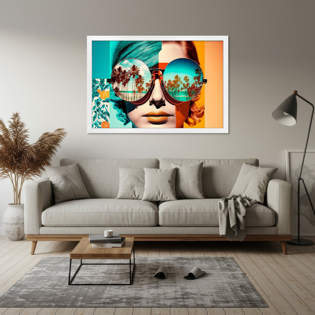 Framed Poster featuring a woman with sunglasses reflecting a tropical beach scene. Vibrant teal, orange, and gold color palette. Modern art style.