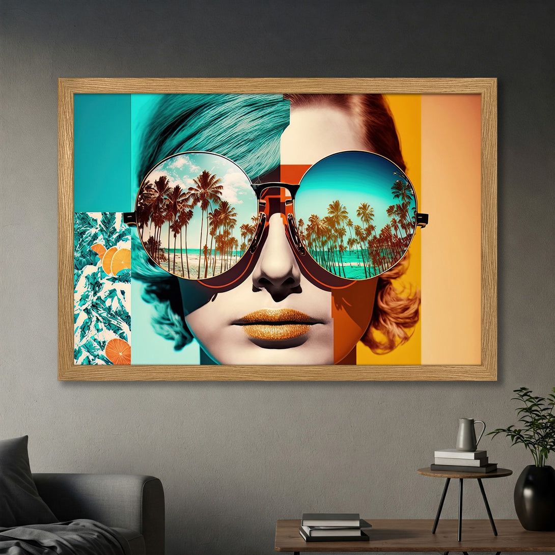 Framed Poster featuring a woman with sunglasses reflecting a beach scene, pop art style, vibrant teal, orange, and gold color palette.