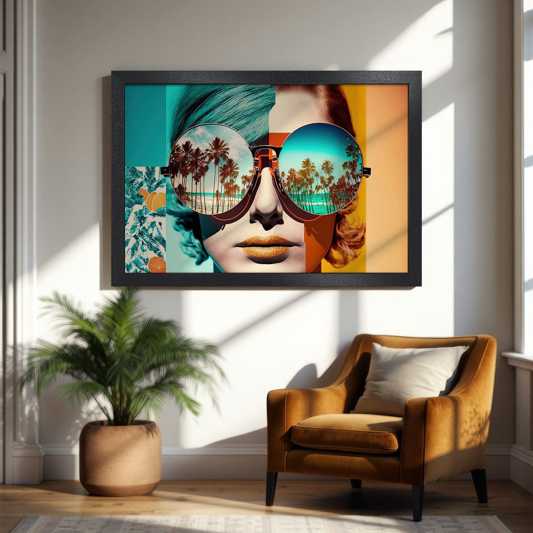 Framed Poster featuring a woman with sunglasses reflecting a beach scene. Modern art style, vibrant teal, orange, and gold palette.