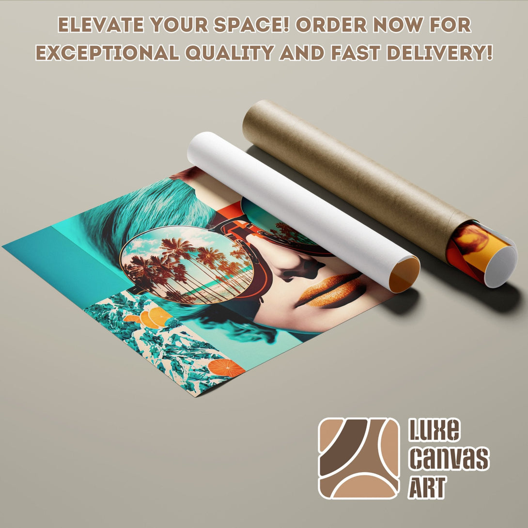 Poster Roll featuring a woman with sunglasses, tropical style, teal & orange color palette. Elevate your space!