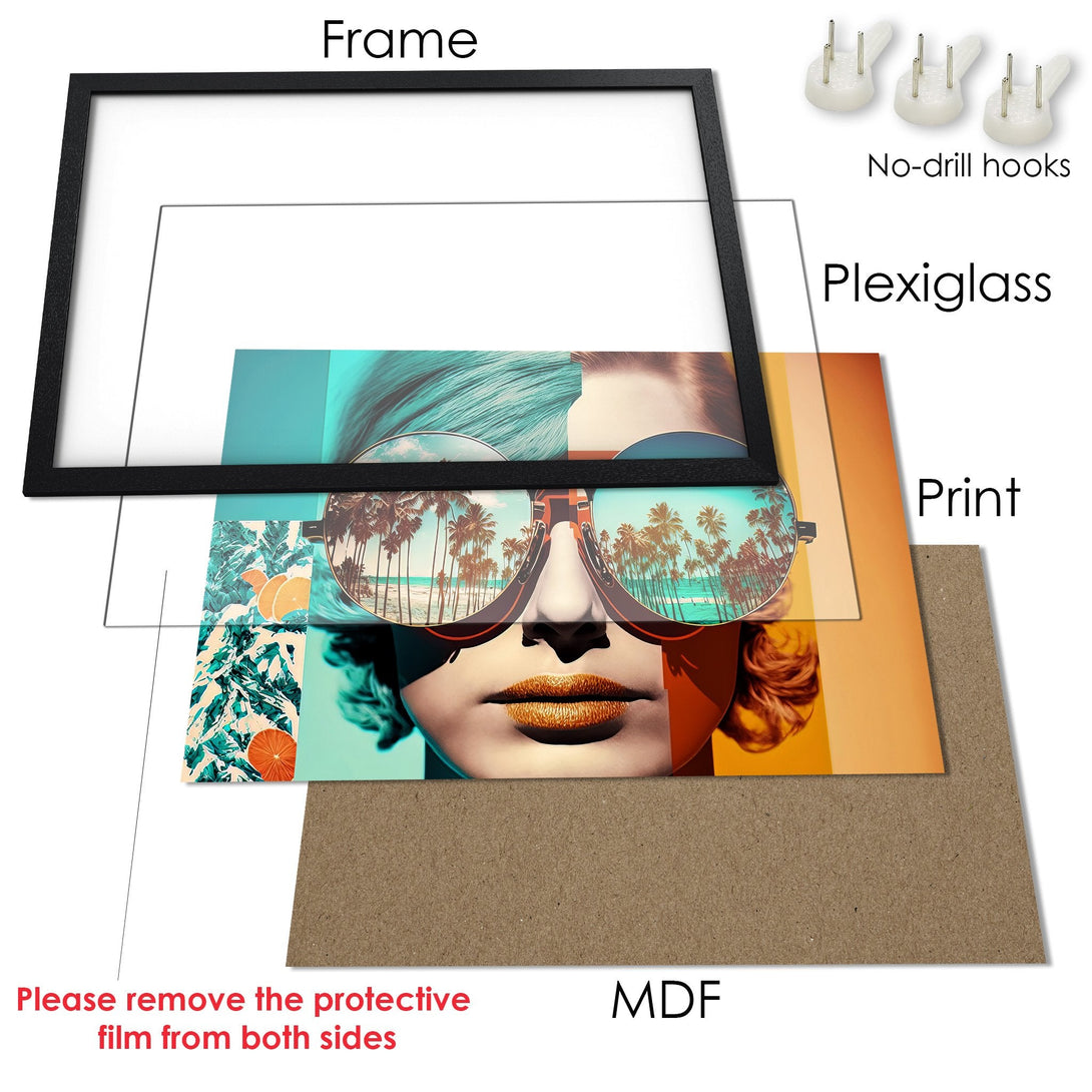 Framed Poster featuring a stylish woman with sunglasses, reflecting a beach scene. Vibrant teal, orange, and gold color palette. Perfect wall art!