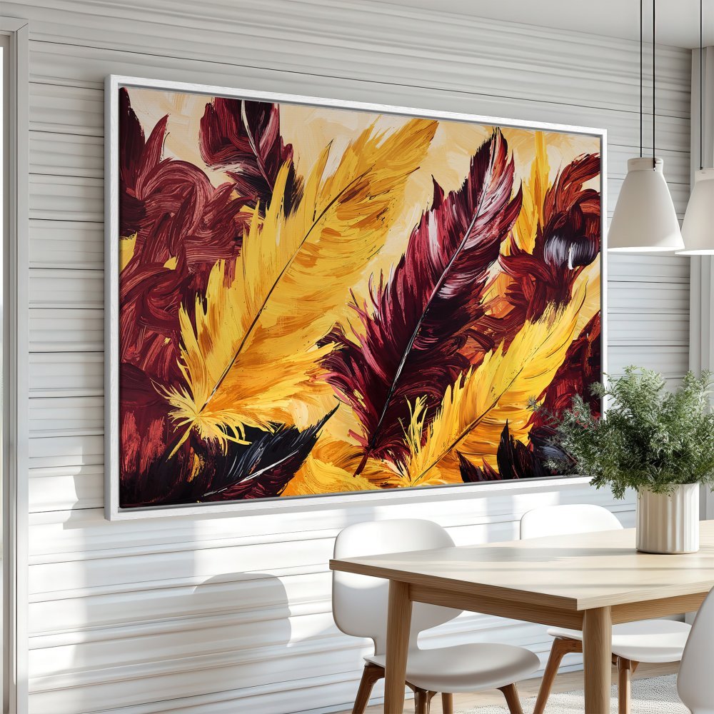 Framed Wall Art: Abstract feather painting in warm yellow and burgundy tones. Modern Canvas Print for living room decor.