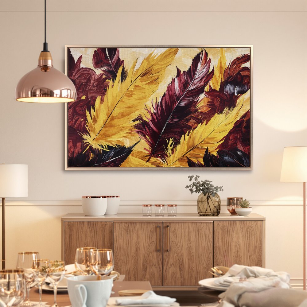 Framed Wall Art: Abstract feather painting in rich burgundy and gold hues. Elevate your space with this stylish canvas print!