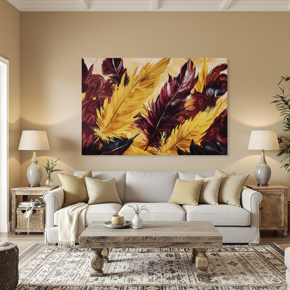 Framed Wall Art: Abstract feather painting in warm yellow, burgundy, and black. Elevate your space with this stunning canvas print!