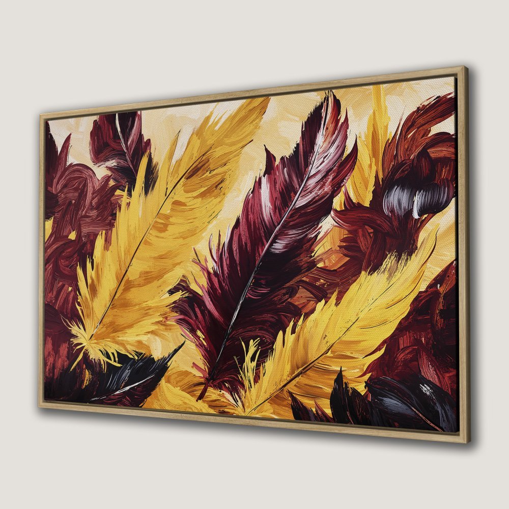 Framed Wall Art featuring a vibrant feather painting. Rich burgundy, gold, and black hues create a stunning abstract artwork, perfect for adding warmth to any space.