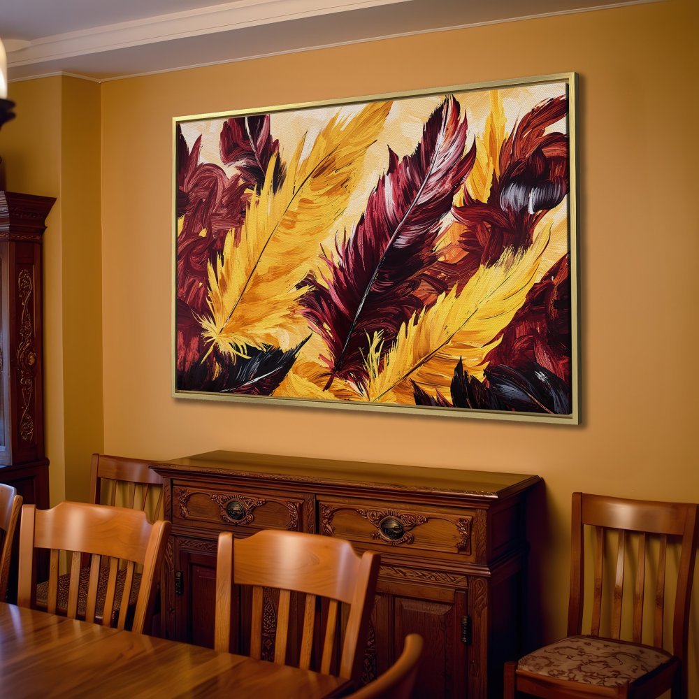 Canvas Print featuring vibrant feather art in warm yellow, burgundy, and black tones. Modern wall decor for a cozy living room.
