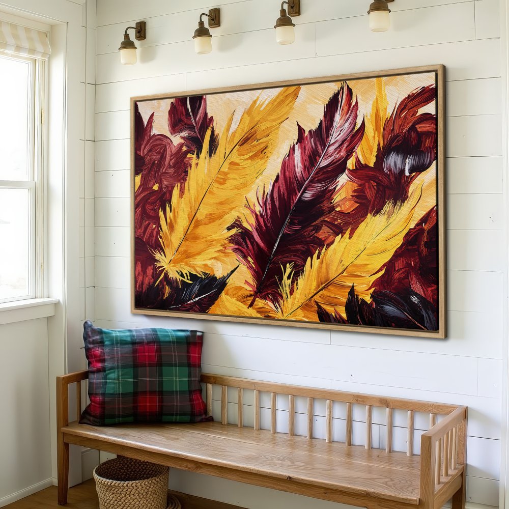 Canvas Print featuring vibrant feather art in warm yellow, burgundy, and black hues. Modern abstract style, perfect for adding a pop of color to your home decor.