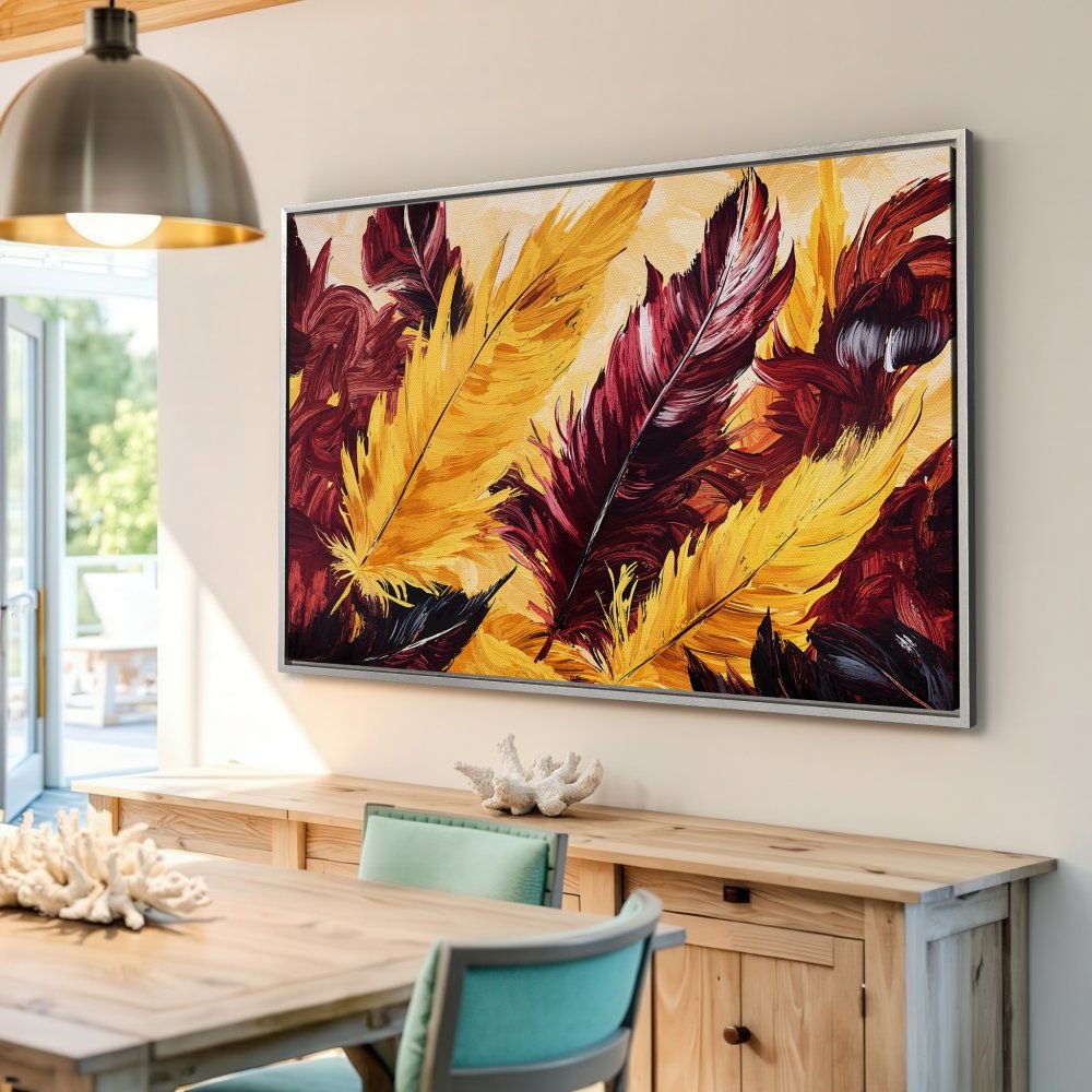 Framed Wall Art: Abstract feather painting in warm yellow and burgundy tones. Add a touch of elegance to your home decor with this vibrant canvas print.