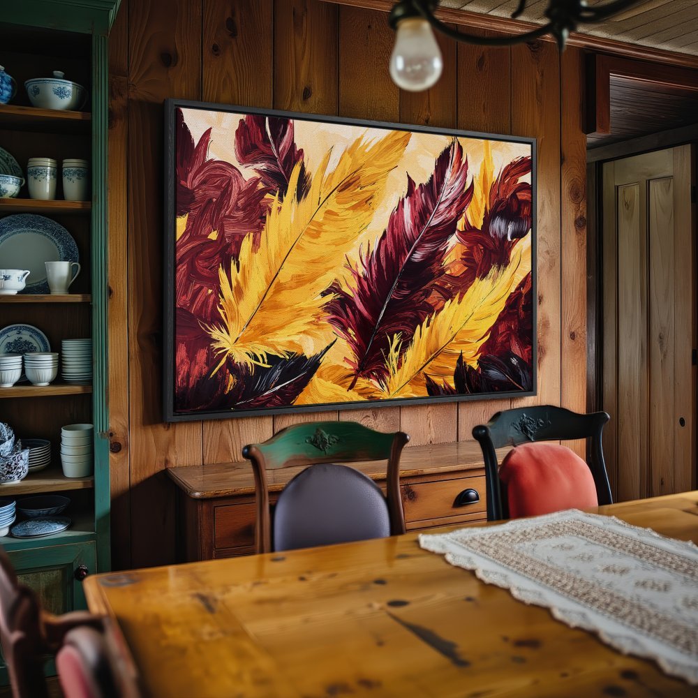 Framed Wall Art: Abstract feather painting in warm gold & burgundy tones. Add a touch of elegance to your home decor with this beautiful Canvas Print.