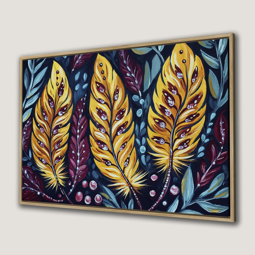 Canvas Print: Vibrant feather art in yellow, purple, and blue. Modern, botanical style. Framed wall art perfect for your home decor.