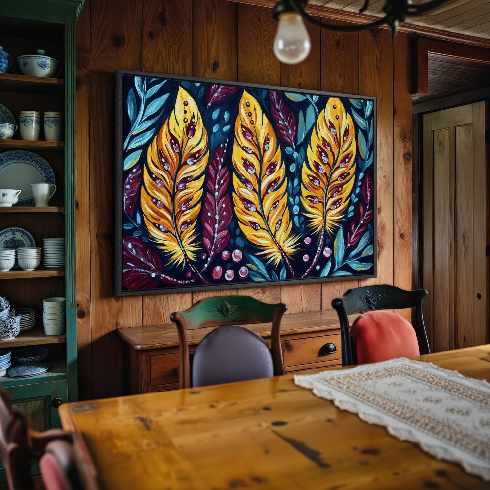Framed Wall Art: Vibrant feather painting in a cozy interior. Featuring a bold yellow, purple, and teal color palette. Perfect for adding a pop of color!