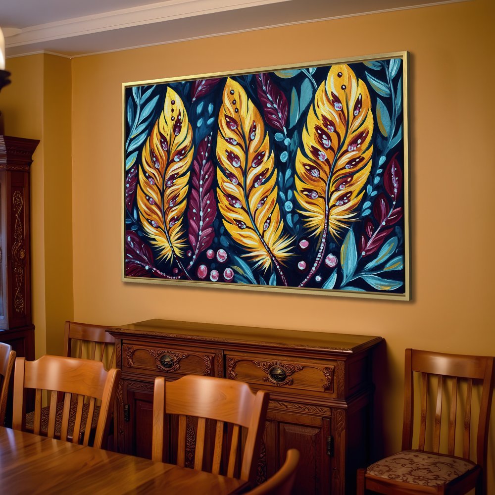 Canvas Print featuring vibrant yellow feather artwork, perfect for adding a pop of color to your living room.