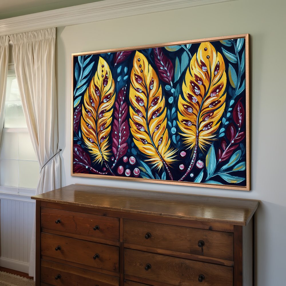 Framed Wall Art: Colorful feather painting in vibrant yellow, teal, and purple hues. Add a touch of boho style to your home!