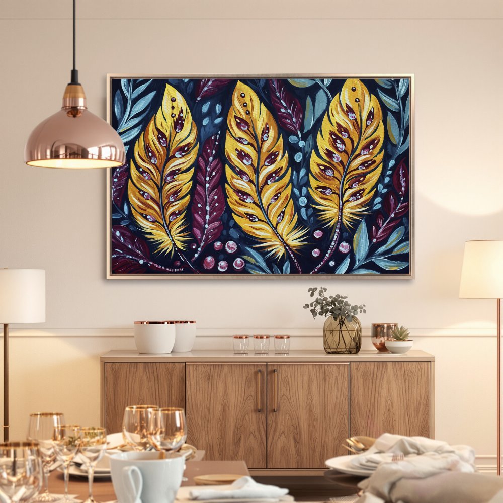 Framed Wall Art: Abstract feather painting in vibrant yellow, purple, and blue hues. Perfect for adding a pop of color to your home decor.