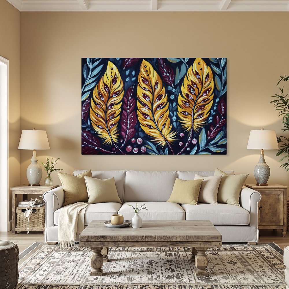 Framed Wall Art featuring vibrant, abstract feathers in yellow, teal, and burgundy. Add a touch of artistic flair to your space!