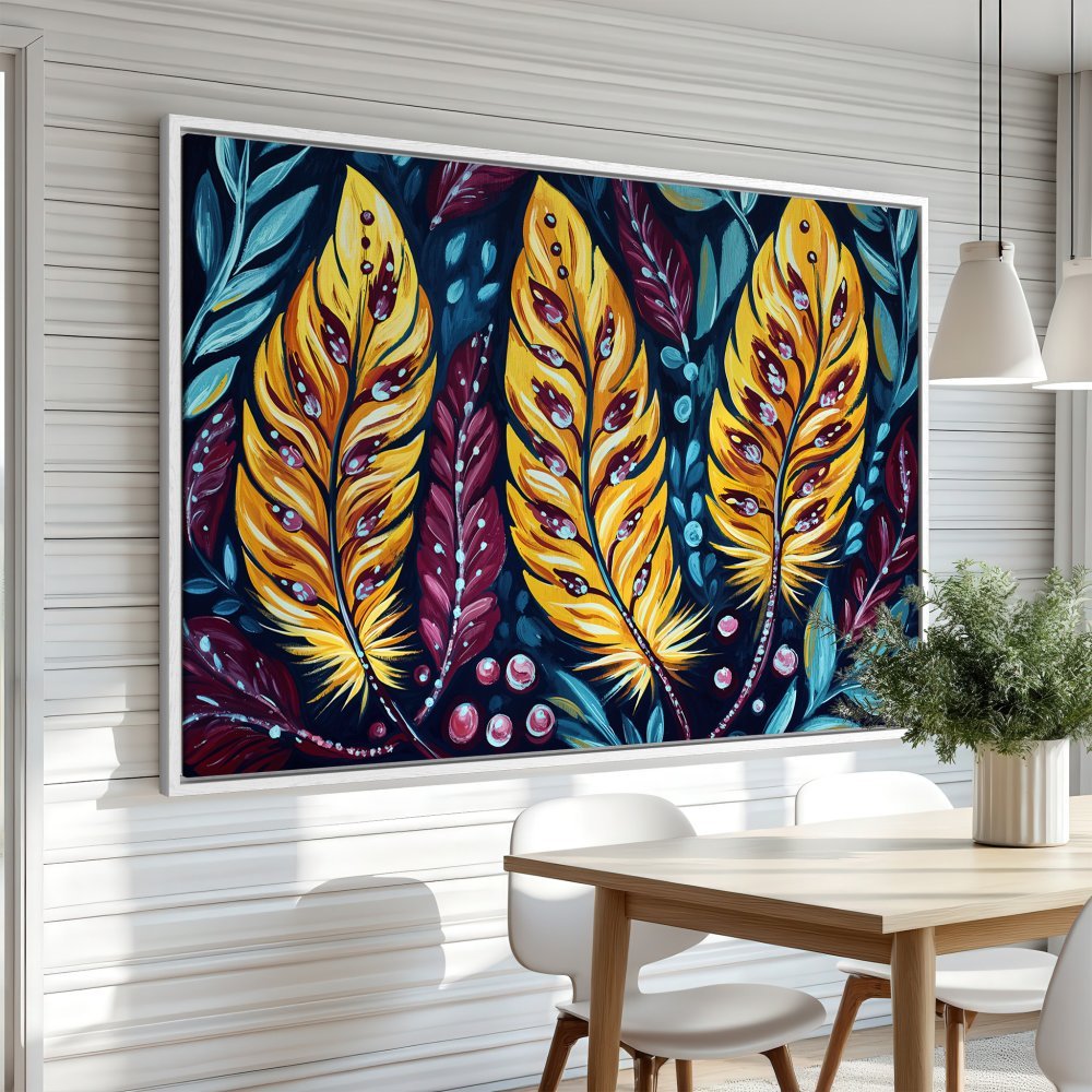 Framed Wall Art featuring vibrant yellow and purple feather painting. Modern, colorful artwork for home decor.