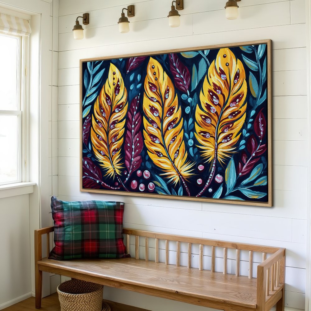 Framed Wall Art: Colorful feather painting in vibrant yellow, purple, and teal. Add artistic flair to your space with this eye-catching Canvas Print!